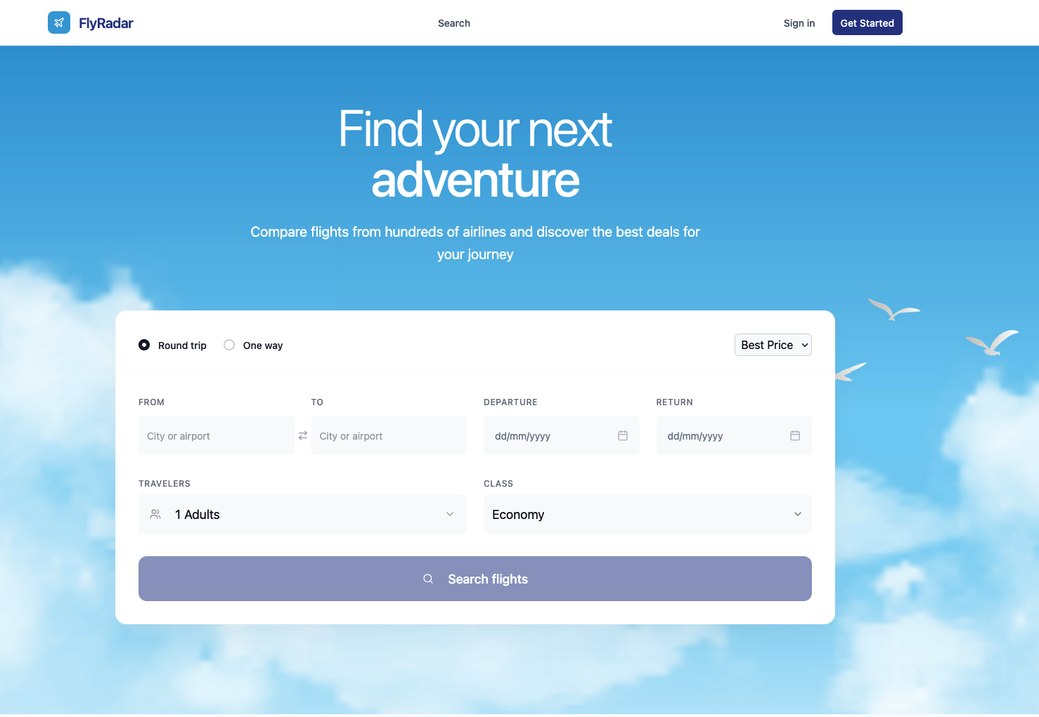 Flyradar Welcome Screen